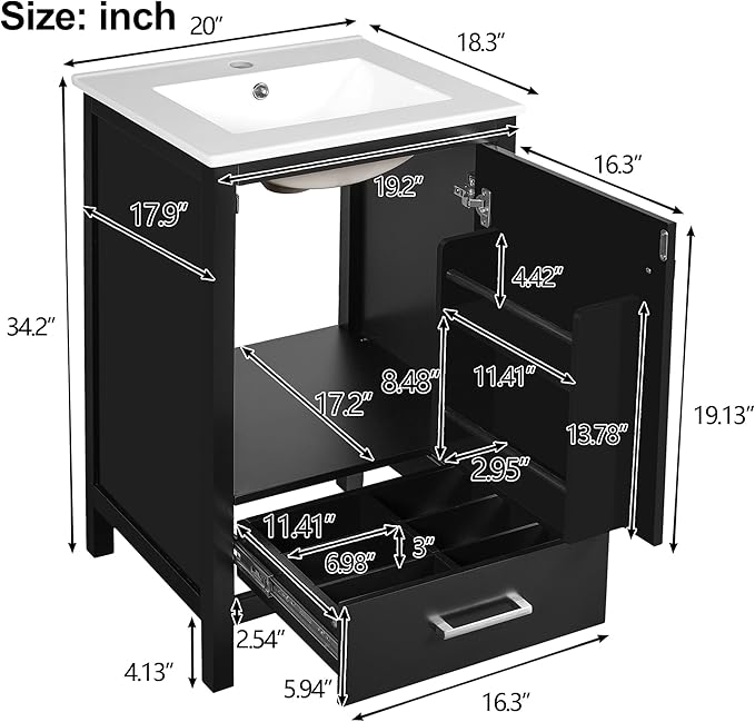 20" Small Bathroom Vanity with Sink, Soft-Close Drawer and Door, Wood Modern Single Bathroom Sink Cabinet with Doors and Shelves, Adjustable Foot Pads, for Small Space (Black)