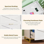 File Cabinet 3 Drawers Lateral File Cabinet with Charging Station for Letter/Legal/A4 Size Hanging Files, Large Wood File Storage Cabinets Printer Stand for Home Office, White and Gold