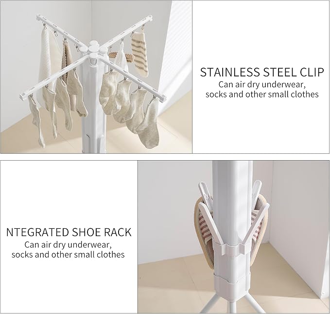Clothes Drying Rack Tripod Aluminum-4rods16 Clips,Portable Foldable Drying Rack,Space-Saving,Drying Rack Clothing for Laundry Bedroom Household RV Camping