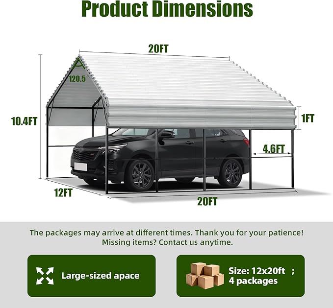 Metal Carport Heavy Duty 12x20ft Outdoor Galvanized Steel Car Port, Vehicle Canopy Garage Shade, Multi-Use Shelter for Car, Boat, Tractors & Outdoor Storage