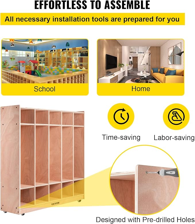 VEVOR Wooden Storage Cabinet, 5-Section Storage Locker with 10 Cubbies Shelf, Multi-Compartment Cubby Shelf with 5 Hooks for School, Classroom, Daycare, Home and Preschool