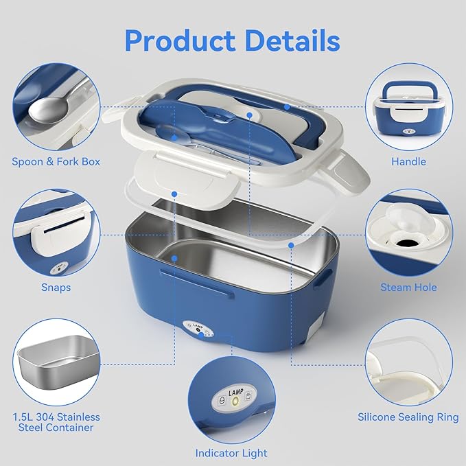 Vingud Electric Lunch Box for Adults, Heated Lunch Box Food Warmer, 80W Portable Heating Lunchbox for Men/Car/Truck with 1.5L Stainless Steel Container, 12V/24V/110V Lonchera Eléctrica Portátil Gift