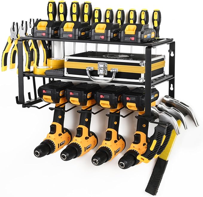 Wall Mount Power Tool Organizer, 3 Layers Floating Tool Rack with 4 Cordless Drill Holders, Storage Rack for Workshop/Garage, 150Lbs Load Capacity, Heavy Duty Iron, Matte Black