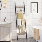 HOOBRO Blanket Ladder, 5-Tier Towel Rack with Hooks, Wall-Leaning Blanket Rack, Decorative Display Ladder Shelf, Scarves, Industrial, Living Room, Bedroom, Greige and Black BG52CJ01