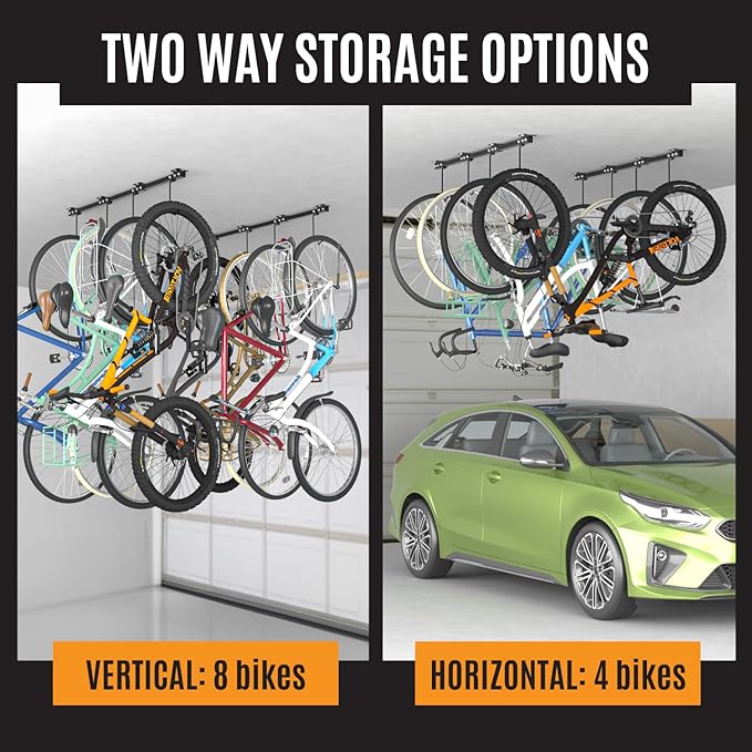 Adjustable Ceiling Mounted Bike Rack for Garage, Hold 4-8 Bikes, Hanger for Space-Saving Storage - adjustable ceiling hooks, nice Bicycle stand.