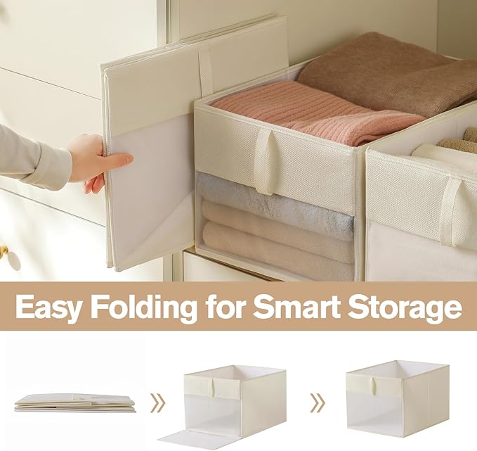 Lifespace Storage Wardrobe Organizer, Large 6-Compartment Foldable Drawer System with Handles, Beige Fabric Storage Box for Clothes, Blankets, Toys, 2-Pack (3, Cream, 20.5”X13“X9”)