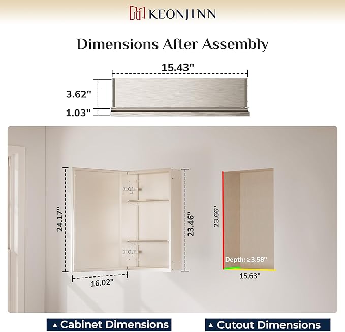 Keonjinn Medicine Cabinet Mirror 16" x 24", Assembly Required, Brushed Nickel Medicine Cabinet with Mirror for Bathroom, Beveled Framed, Wall-Mounted or Recessed, Stepless Adjustable Shelves