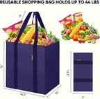 BALEINE 4 PK Grocery Bags Reusable Shopping Bags with Reinforced Bottom, Heavy Duty Foldable Tote Bags (Navy Blue)