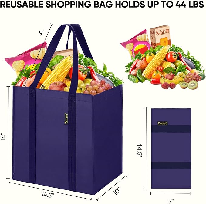 BALEINE 4 PK Grocery Bags Reusable Shopping Bags with Reinforced Bottom, Heavy Duty Foldable Tote Bags (Navy Blue)