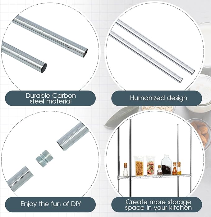 Thyle Set of 2 Wire Shelving Poles Including 8 Pcs 11.8'' Poles and 50 Pcs Shelf Clips, Heavy Duty Chrome Commercial Wire Shelving Parts for 1" Post Shelf Rack Accessories Replacement(23.6")