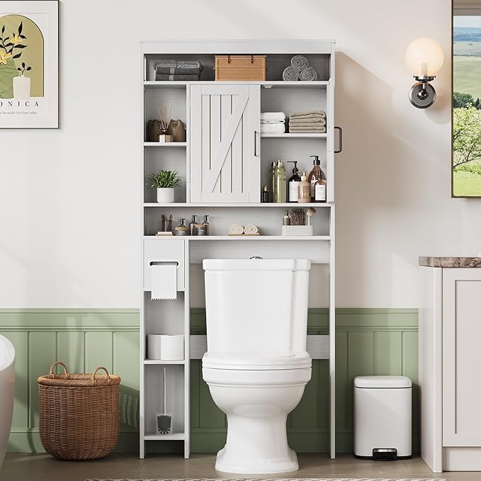 Over The Toilet Storage Cabinet, Farmhouse Storage Cabinet Over Toilet with 2 Barn Door & Toilet Paper Holder Stand, Freestanding Space-Saving Toilet Storage Rack for Bathroom Laundry, White