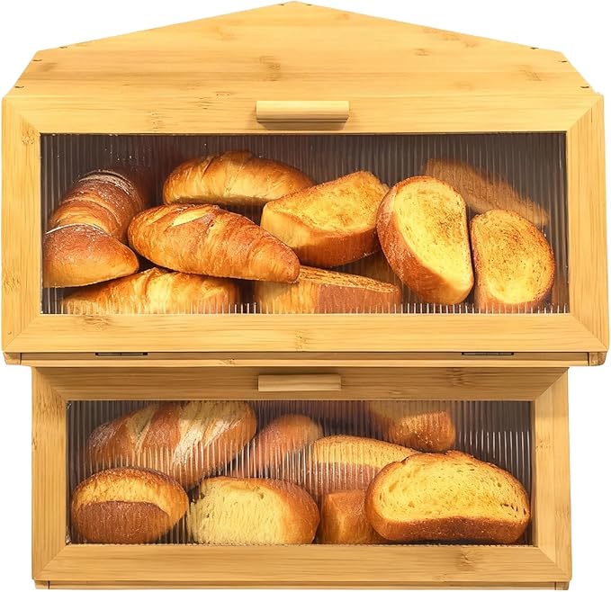 Double Corner Bread Box Storage for Kitchen Countertop. Extra Large Bamboo Bread Boxes. Double Layer Bread Bin for Kitchen Countertop Cabinet.