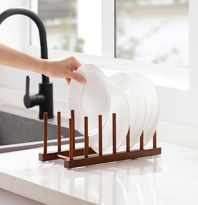 HBlife 2pcs 6 Slots Teak Dish Plate Bowl Cup Book Pot Lid Cutting Board Drying Rack Stand Drainer Storage Holder Organizer Kitchen Cabinet（Keep Dry）