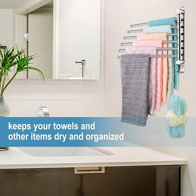 6 - Arm Stainless Steel Swivel Towel Rack with Hook: Wall - Mounted, Rustproof Space - Saver for Bathroom & Kitchen - 180° Rotation, 14kg Capacity