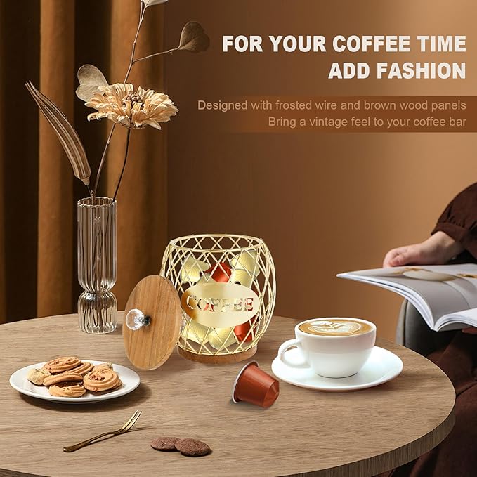 Coffee Pod Basket Holder Metal Coffee Pod Storage Basket with Dust Cover Hollow Design Coffee Pod Storage Container Large Capacity Sturdy Coffee Pod Organizer (golden)