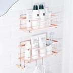 KINCMAX Shower Shelves 2-Pack - Premium Self Adhesive Shower Caddy w/ 4 Hooks - No Drill Large Capacity Stainless Steel Wall Shelf - Easy Mount Bathroom Organizer Racks - Rose Gold