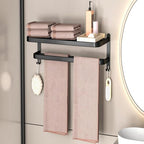 DDS-DUDES 15 Inch Black Towel Racks for Bathroom Towel Shelf with Double Towel Bars Lavatory Wall Mount Holder with Hooks Stainless Steel Hotel Bath Rack (Matte Black)