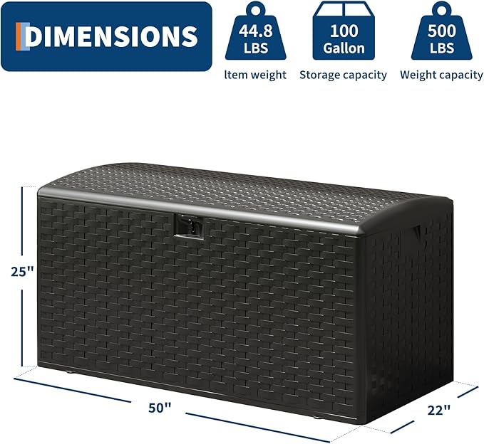 Garvee 100 gal Outdoor Storage Box, Lockable Plastic Deck Box with Lid, Waterproof & UV-Resistant Storage Bin for Patio Cushions, Garden Tools & Pool Accessories, Black