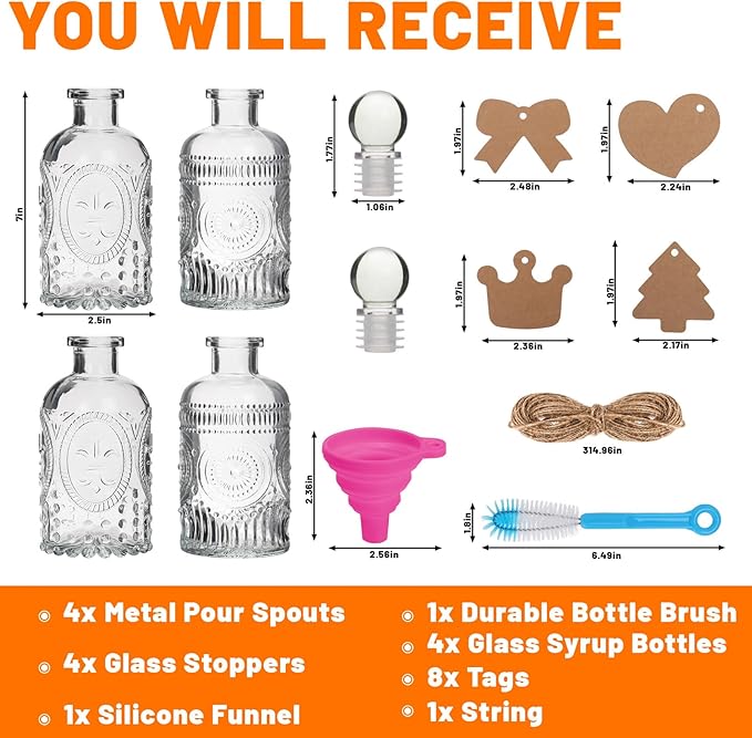 7oz Glass Coffee Syrup Dispenser, 4-Pack Complete Set with Funnel, Brush, Stoppers & Accessories - Syrup Bottles for Coffee Bar with Metal Pour Spout, Ideal for Maple,Oil, Vinegar,Cooking wine