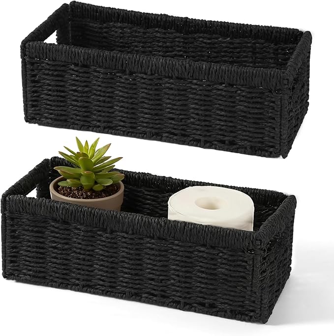 Paper Rope Storage Basket for Organizing, 2 Pack Foldable Wicker Storage Baskets with Handle,Decorative Large Storage Bins for Bathroom Countertop,Small Toilet Paper Basket for Toilet Tank Top