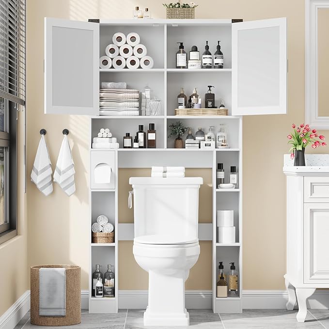 Vabches Over The Toilet Storage Cabinet, Farmhouse Storage Cabinet Over Toilet with 2 Barn Doors ，Toilet Paper Holder Stand，Home Space-Saving Toilet Rack, for Laundry, Restroom, Bathroom.White.