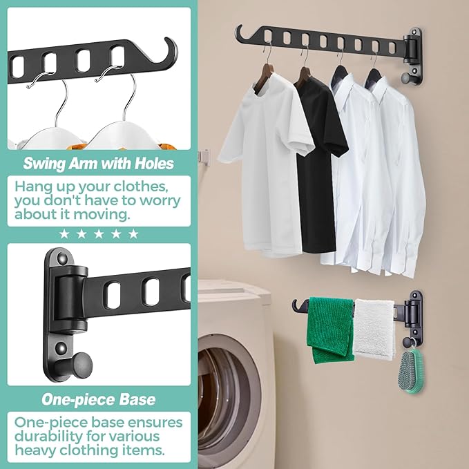 Wall Mounted Clothes Hanger with Swing Arm - 8-Hole Laundry Drying Rack | 180° Rotation & Space Saving for Laundry Room, Closet | Sturdy Hanging Bar | Solid Aluminium(2-Pack, Black)