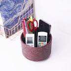 Hennaja Round Leather Art Supply Organizer,Remote Control Holder,360 Degree Spinning,Multi-Functional Pencil Holder,4 Compartments Desktop Stationary Organizer(1-Carved Dark Brown)