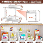 2 Pack Under Sink Organizer, 2 Tier Pull Out Cabinet Organizer with 5-Level Adjustable Height, Sliding Metal Storage Rack for Kitchen Bathroom Pantry, White