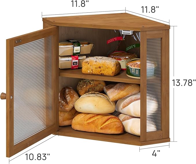 Corner Bread Box for Kitchen Counter, Bamboo Wood Large Capacity Bread Storage Bin with Acrylic Wavy Door Panel (Brown, Meduim)