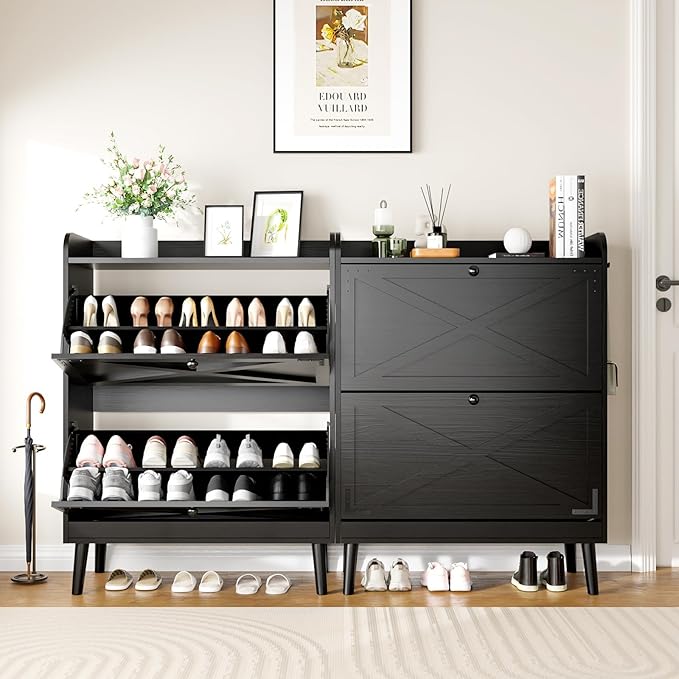 Shoe Storage Cabinet with 2 Flip Drawers, Freestanding Entryway Shoe Cabinet with 2 Side Hooks & Adjustable Shelves Slim Shoe Organizer Cabinet Narrow Shoe Rack for Entrance Hallway Front Door,Black