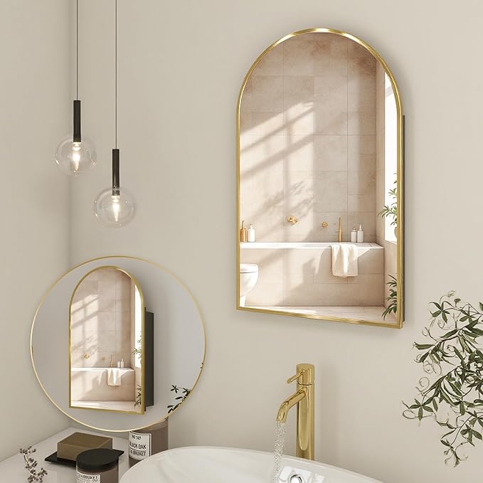 Arched Medicine Cabinet Mirror No Assembly Needed Bathroom Mirror with Storage Recessed or Surface Mount Options (Gold, 25.6" L x 15.8" W)