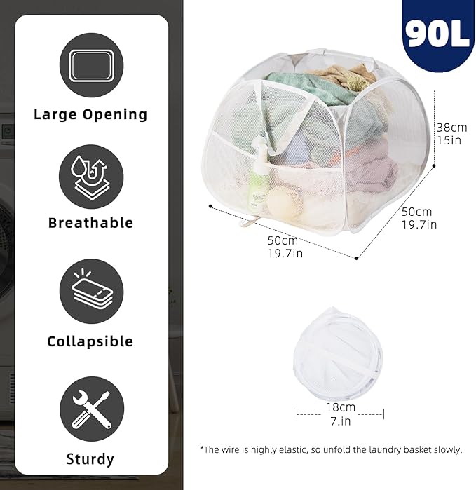 Collapsible Laundry Basket 90L, Foldable Mesh Pop-up Laundry Hamper with Handles, Dirty Clothes Hamper for Laundry with Side Storage Pocket (White)