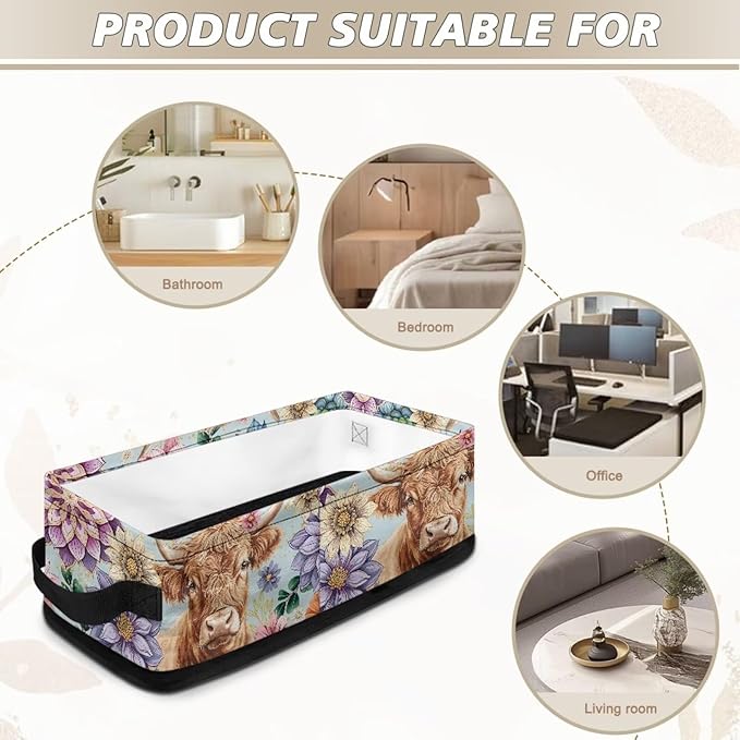 Narrow Storage Basket Small Toilet Paper Storage Bins Collapsible Canvas-like Fabric Organizer for Bathroom Kitchen Living Room Accessories and Decor, Boho Flower Highland Cow