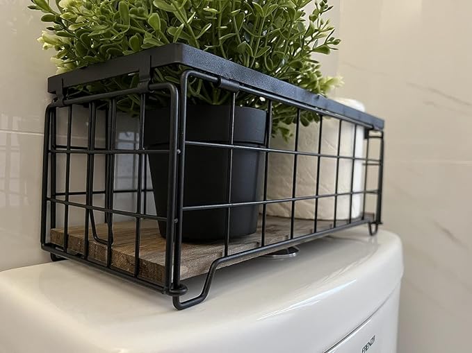 Metal Wire Storage Basket Bin for Toilet Paper, Coffee Pod cups, Towel, Shampoo, Toilet Tank Tray Decor Box, Kitchen basket for Countertop Cabinet, Bathroom Organizer- Black