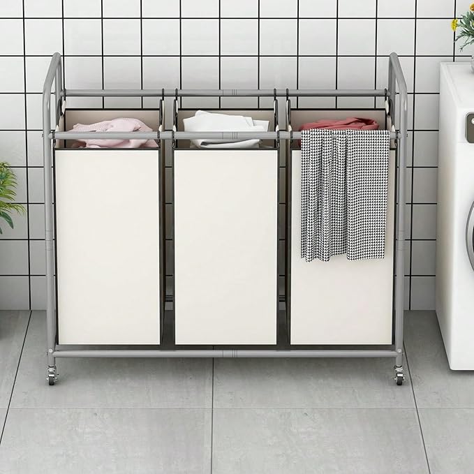 3-Bag Laundry Sorter Cart with Rolling Lockable Wheels, Removable Bags, 32.68 x 15.75 x 33.46 in, Black, Beige and Grey (Beige)