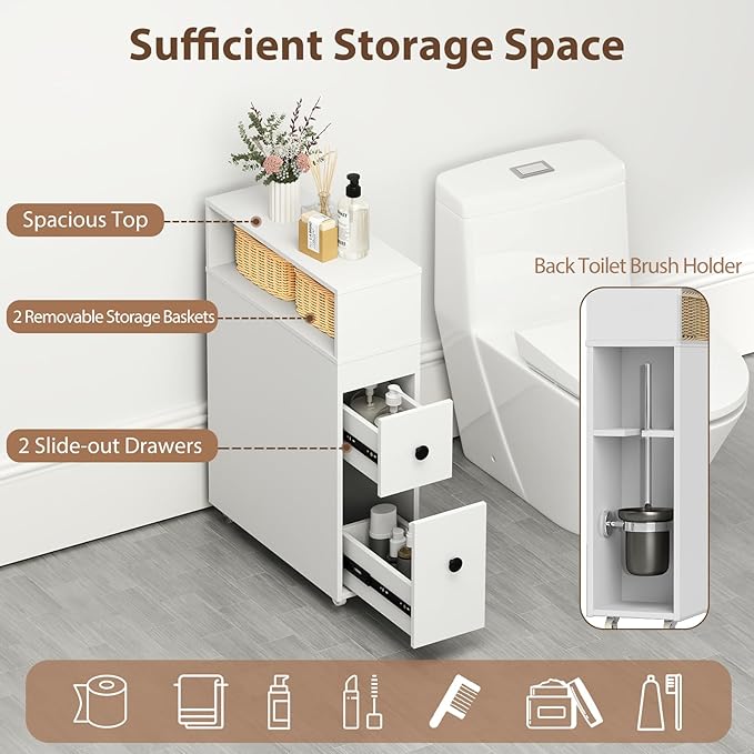 Giantex Small Bathroom Storage Cabinet - Slim Organizer with Wheels, 2 Drawers, 2 Baskets, Brush Holder, Over The Toilet Storage for Skinny Corner, Narrow Spaces