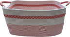 Decorative laundry basket with handles woven from natural cotton rope storage blankets for living room cute boho quilted gift baskets for clothes pillows toys 20"x14"x10",white/pink