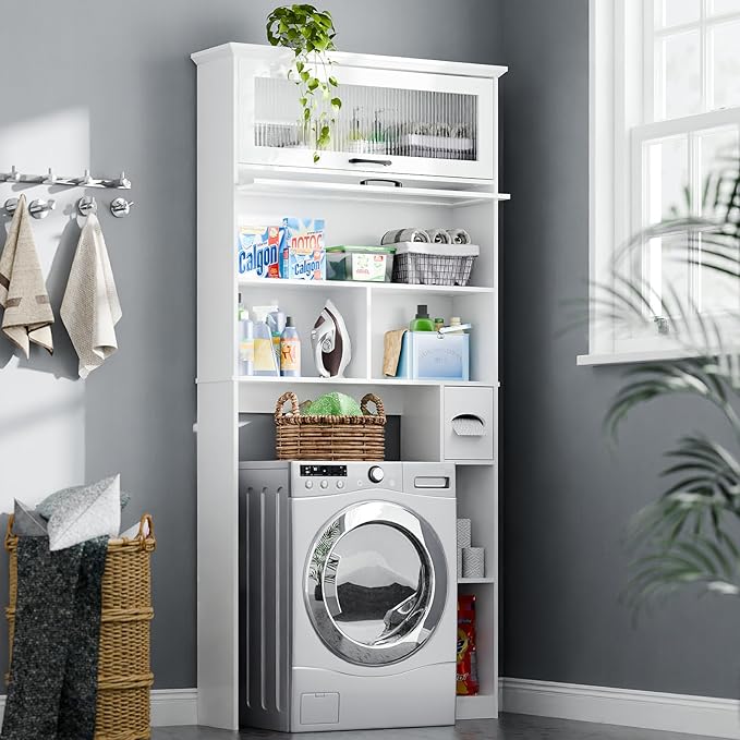 Vabches Over The Toilet Storage Cabinet with Transparent Door, Toilet Paper Storage Cabinet with Multi Layer Shelves Suitable for Bathroom, Laundry Room, Freestanding Bathroom Storage Rack, White