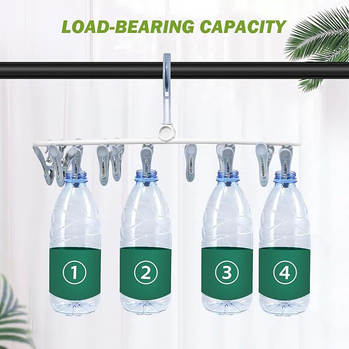 Aolloa Clothes Drying Hanger with 12 Clips, 2 Pack Folding Portable Hanging Drying Rack,Drip Foldable Hanging Rack, 360° Rotatable Hook for Drying Towels Bras Baby Clothes Gloves Plastic(Blue&Green)