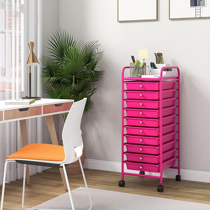 COSTWAY 10-Drawer Rolling Storage Cart, Utility Mobile Trolley with Removable Drawers & Universal Casters & 2 Brakes, Versatile Flexible Drawer Organizer Cart for Home, Office, Hot Pink