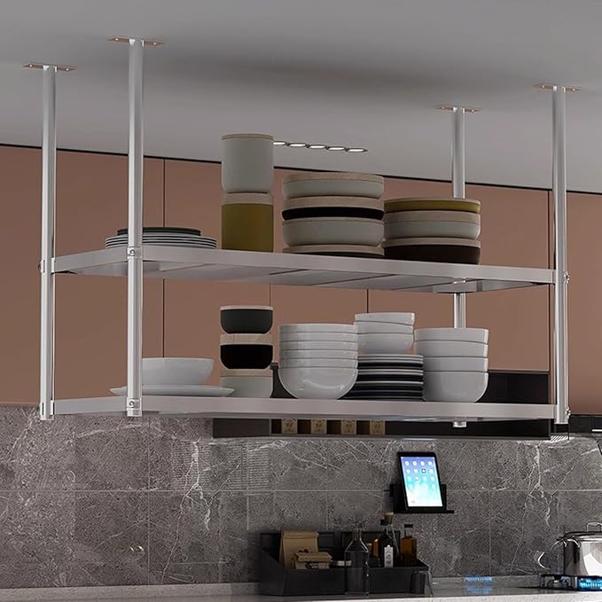 XPLKQXE Stainless Steel Ceiling Shelf, Hanging Industrial Ceiling Mount Storage Rack, Kitchen Wall Mounted Plant Stand/Wall Decor for Bar Cafe Kitchen(Silver-2lay,180x35x120cm)