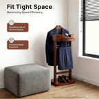 Clothes Valet Stand Holder for Men Suit Coat Rack Hanger Stand, Clothes Butler Valet Stand for Men, Wood Clothing Stands with Top Tray & Storage Organizer, Clothing Trousers Bar Rack