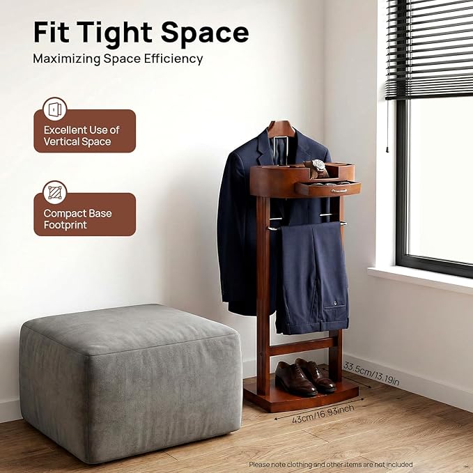 Free Standing Valet Stand for Man and Women, Wood Suit Rack w/Top Tray/Drawer/Tie Hooks/Shoe Rack, Valet Stand for Bedrooms, Living Rooms, Hallways