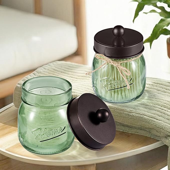 SheeChung Green Glass Qtip Holder Dispenser, Mason Jar Apothecary Jars with Lids, Bathroom Organizers and Storage, Vanity Countertop Canisters Set for Cotton Swab, Ball, Pad, Floss Pick-Bronze, 3 Pack