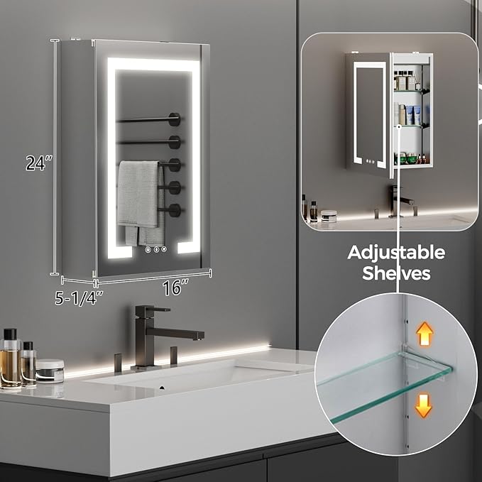 16 * 24 Smart LED Lighted Bathroom Medicine Cabinet Mirror with Touch Control, 3-Color Temperature, Stepless Dimming, 1-Hour Auto-Off – Ideal for Modern Bathrooms and Makeup Routines