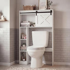 Giantex Over The Toilet Storage Cabinet - Freestanding Bathroom Organizer with Sliding Barn Door & Storage Shelves, Multifunctional Toilet Rack for Restroom, Laundry (White)
