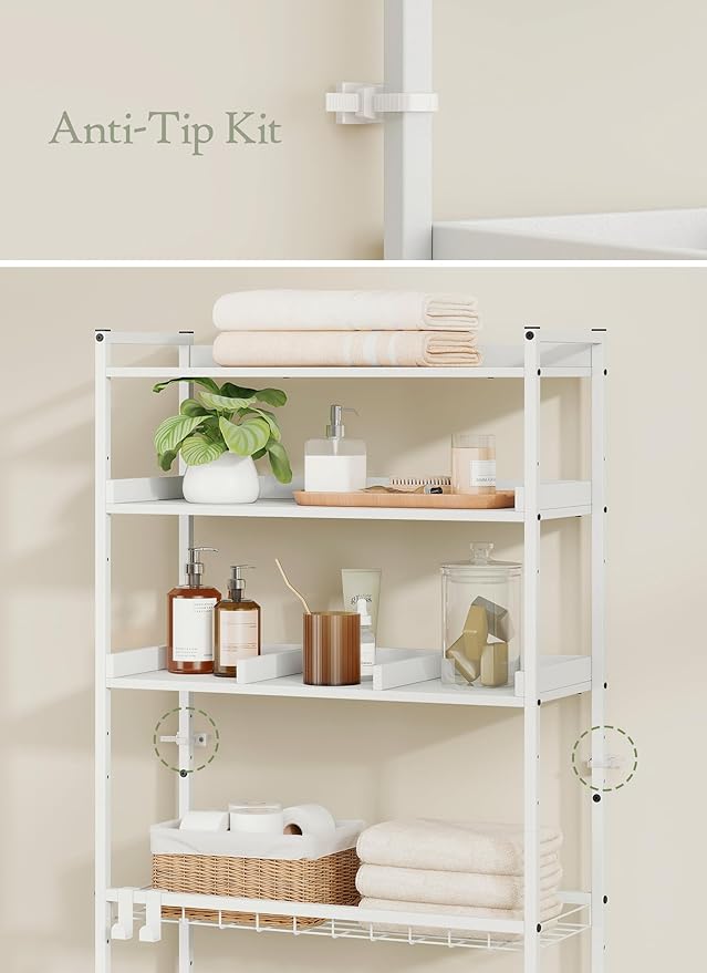 4 Tier Over The Toilet Storage Shelf with 3 Adjustable Shelves, Space Saver Bathroom Organizer with 4 Hooks, Freestanding Above Toilet Rack for Restroom Laundry (White)