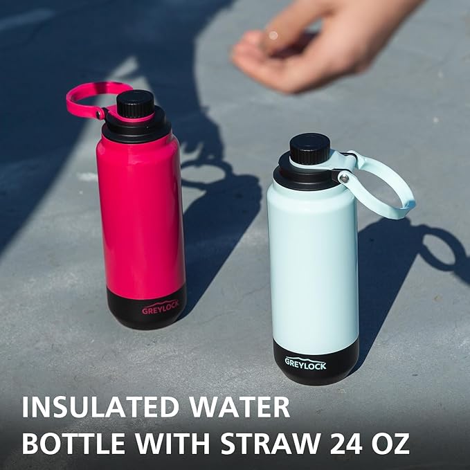 GREYLOCK 32 oz Insulated Water Bottle with Straw Lid, Leakproof Reusable Stainless Steel Vacuum Flask, 24hr Cold & Hot, Carry Handle & Silicone Spout, BPA-Free for Gym, Hiking, Travel, Red