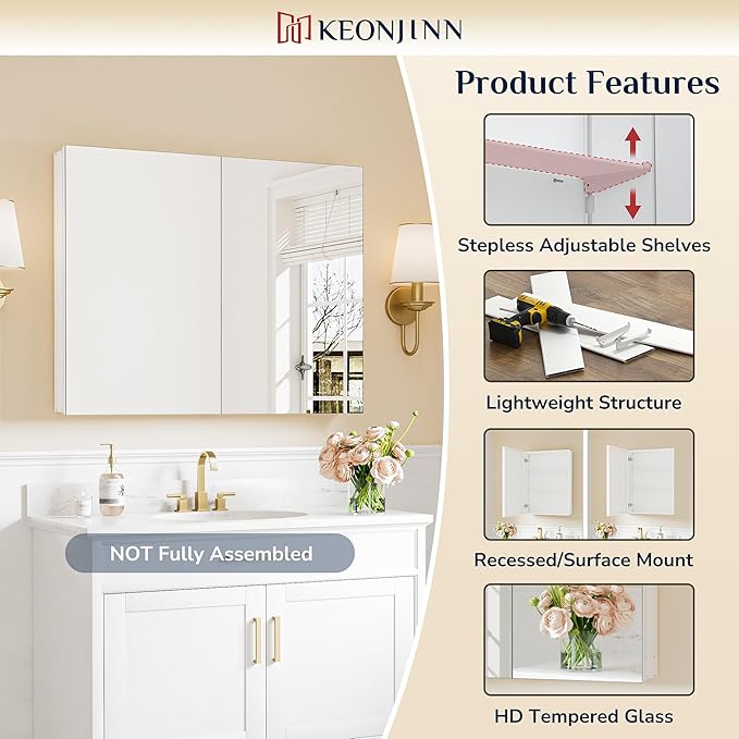 Keonjinn 60 x 32 Inch Medicine Cabinet, Assembly Required, White Bathroom Medicine Cabinets Mirror, Lightweight, Adjustable Shelves, Surface Mount or Recessed, Tempered Glass