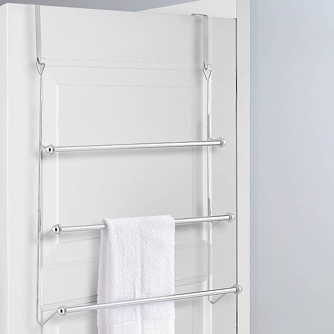 MyGift 3 Tier Over The Door Towel Rack for Bathroom, Over The Door Bath Towel Bar, Hand Towel Holder, Behind Shower Door Drying Rack for Laundry, Chrome-Plated